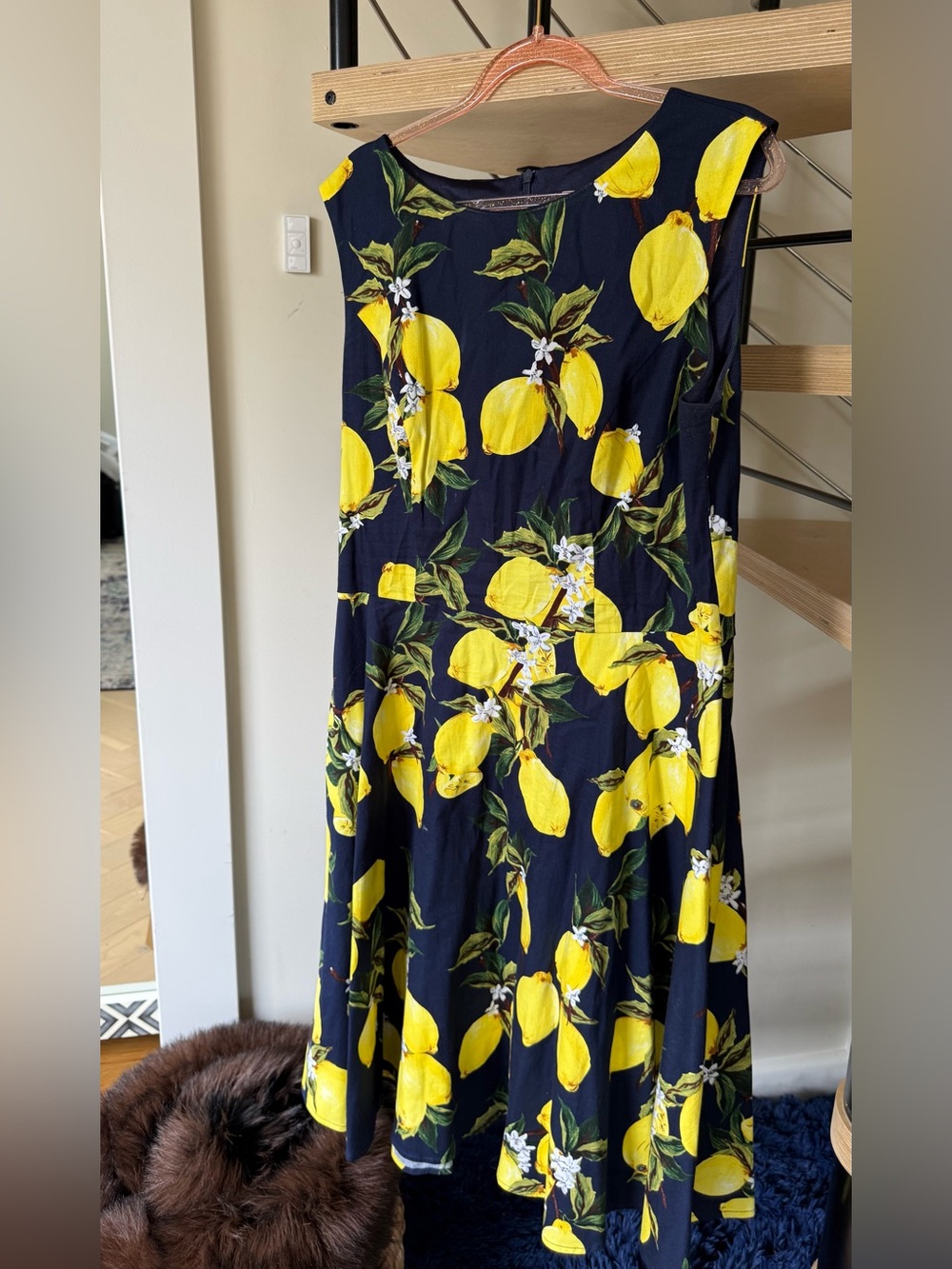 Sleeveless Lemon Print Maxi Dress - Navy & Yellow
